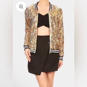 New w tags, Gold Sequin Bomber Hogh School 90s zipper Jacket - Gold Metallic